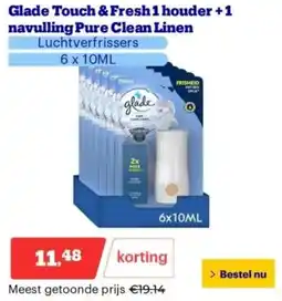 Bol.com Glorix Actief Blauw Water WC blokjes Glade Touch & Fresh1houder +1 navulling Pure Clean Linen aanbieding