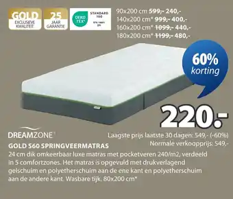 Jysk DREAMZONE GOLD S60 SPRINGVEERMATRAS L aanbieding