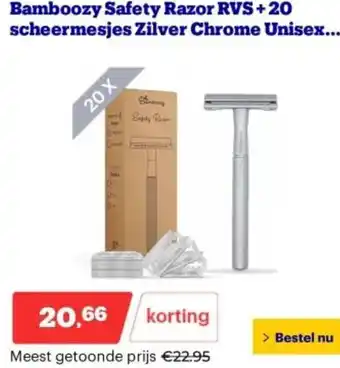 Bol.com Bamboozy Safety Razor RVS+20 scheermesjes Zilver Chrome Unisex. aanbieding