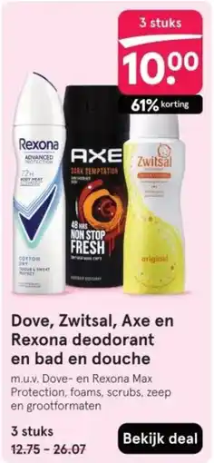 Etos Dove, Zwitsal, Axe en Rexona deodorant en bad en douche aanbieding