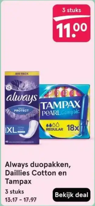 Etos Always duopakken, Daillies Cotton en Tampax aanbieding