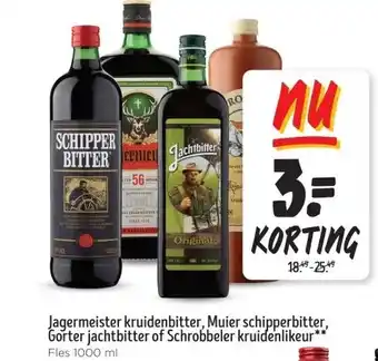 Jumbo Jagermeister kruidenbitter, Muier schipperbitter, Gorter jachtbitter of Schrobbeler kruidenlikeur** aanbieding