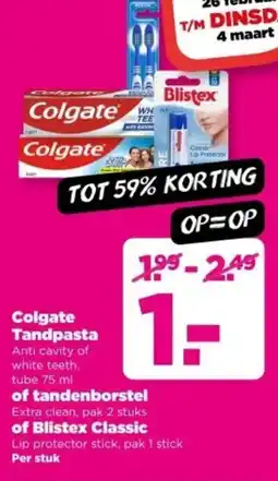 PLUS Colgate Tandpasta of tandenborstel of Blistex Classic aanbieding