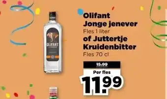 PLUS Olifant Jonge jenever Fles 1 liter of Juttertje Kruidenbitter Fles 70 cl aanbieding