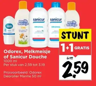 Vomar Voordeelmarkt Odorex, Sanicur Douche 1L, Melkmeisje 1+1 aanbieding