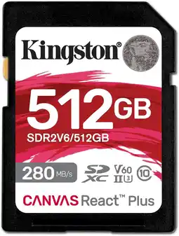 Amazon Kingston Canvas React Plus V60 SD 512GB SDXC UHS-II 280R/150W U3 V60 for Full HD/4K aanbieding