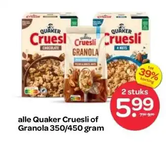 Spar alle Quaker Cruesli of Granola 350/450 gram aanbieding