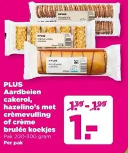 PLUS PLUS Aardbeien cakerol, hazelino's met crèmevulling of crème brulée koekjes aanbieding