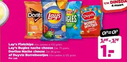 PLUS Lay's Flatchips, Lay's Bugles nacho cheese, Doritos Nacho cheese of Duyvis Borrelnootjes aanbieding