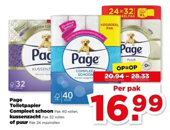 PLUS Page Toiletpapier Compleet schoon Pak 40 rollen, kussenzacht Pak 32 rollen of puur Pak 24 maxirollen aanbieding