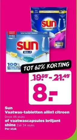 PLUS Sun Vaatwas-tabletten allin1 citroen Doos 46 stuks of vaatwascapsules briljant shine Zak 34 stuks aanbieding