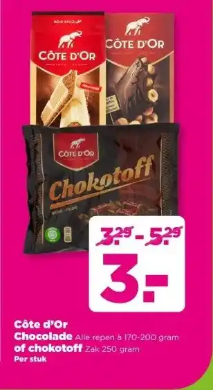 PLUS Côte d'Or Chocolade Alle repen à 170-200 gram of chokotoff Zak 250 gram aanbieding