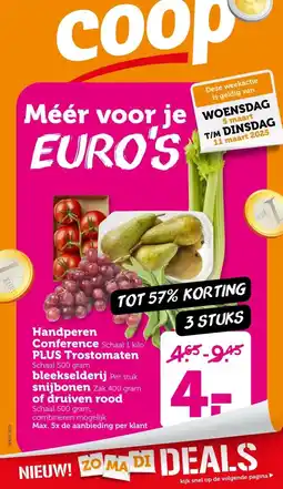 Coop Handperen Conference PLUS Trostomaten  bleekselderij snijbonen  of druiven rood aanbieding