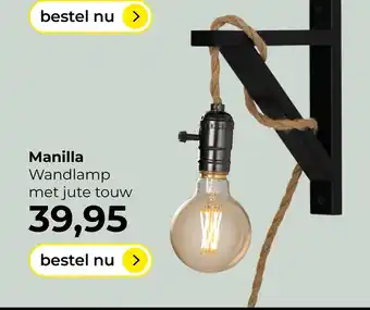 Lampidee Manilla - Wandlamp 1 lichts zwart met jute touw aanbieding