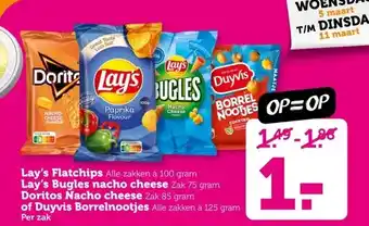 Coop Lay's Flatchips Lay's Bugles nacho cheese Doritos Nacho cheese  of Duyvis Borrelnootjes aanbieding