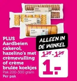 Coop PLUS Aardbeien cakerol, hazelino's met cremevulling of creme brulée koekjes aanbieding