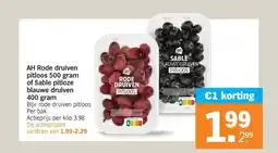 Albert Heijn AH Rode druiven pitloos 500 gram of Sable pitloze blauwe druiven 400 gram aanbieding