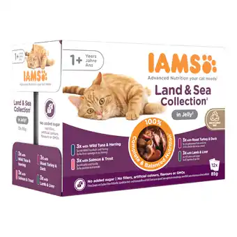 Zooplus 36 + 12 gratis! 48 x 85 g IAMS Kattenvoer - Delights Adult: Land & Sea Mix in Gelei (48 x 85 g) aanbieding