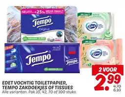 Dekamarkt Edet vochtig toiletpapier, tempo zakdoekjes of tissues aanbieding