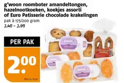 Poiesz g'woon roomboter amandeltongen, hazelnootkoeken, koekjes assorti of Euro Patisserie chocolade krakelingen aanbieding