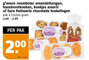 Poiesz g'woon roomboter amandeltongen, hazelnootkoeken, koekjes assorti of Euro Patisserie chocolade krakelingen aanbieding