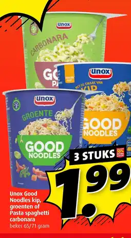 Boni Unox Good Noodles kip, groenten of Pasta spaghetti carbonara aanbieding