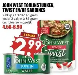 MCD Supermarkt JOHN WEST TONIJNSTUKKEN, TWIST EN/OF SARDINES aanbieding