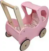 Bol.com Playwood - Houten Poppenwagen roze klassiek met kap - inclusief dekje wit met roze hartjes aanbieding