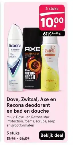 Etos Dove, Zwitsal, Axe en Rexona deodorant en bad en douche aanbieding