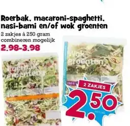 Boon`s Markt Roerbak, macaroni-spaghetti. nasi-bami en/of wok groenten 2 zakjes à 250 gram combineren mogelijk aanbieding