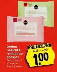 Vomar Voordeelmarkt Derlon Gezichts- reinigings- doekjes Sensitive of Normaal. aanbieding