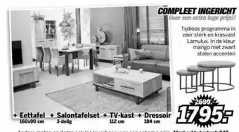 Matrasconcurrent Eettafel 160x90 Cm + Salontafelset 3-Delig + TV-Kast 112 Cm + Dressoir 184 Cm aanbieding