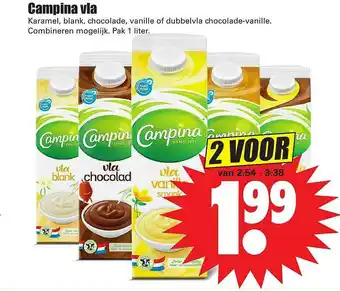 Dirk Campina Vla Karamel, Blank, Chocolade, Vanille Of Dubbelvla Chocolade-Vanille aanbieding