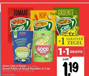 Vomar Voordeelmarkt Unox Cup-A-Soup, Good Pasta Of Good Noodles In Cup 1+1 Gratis aanbieding