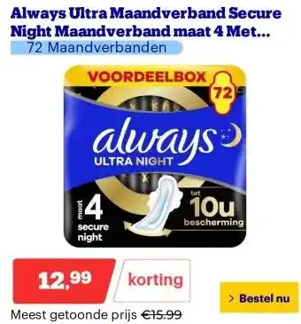 Bol.com Always Ultra Maandverband Secure Night Maandverband maat 4 Met Vleugels aanbieding