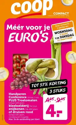 Coop Handperen Conference, Plus Trostomaten, bleeksilderij, snijbonen of druiven rood aanbieding