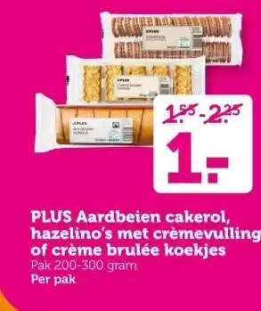 Coop PLUS Aardbeien cakerol, hazelino's met crèmevulling of crème brulée koekjes aanbieding