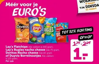 Coop Lay's Flatchips, Lay's Bugles nacho cheese, Doritos Nacho cheese of Duyvis Borrelnootjes aanbieding