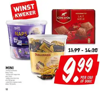 De Kweker Mini Milka Moments, Milka Mini Naps Mix, Toblerone Mini Mix Of Cote D'Or Mignon Melk aanbieding