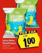 Vomar Voordeelmarkt Sore Baby Maisfingers Naturel. Zak 35 gram aanbieding