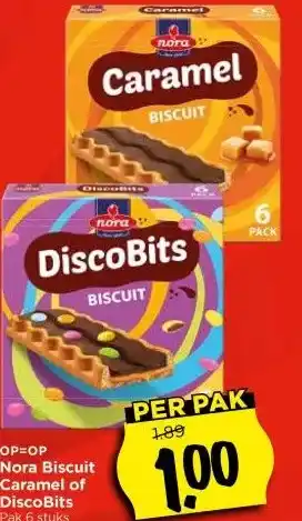 Vomar Voordeelmarkt Nora Biscuit Caramel of DiscoBits Pak 6 stuks aanbieding