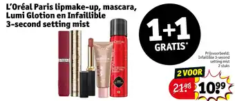 Kruidvat L'Oréal Paris lipmake up, mascara, Lumi Glotion en Infaillible 3 second setting mist aanbieding