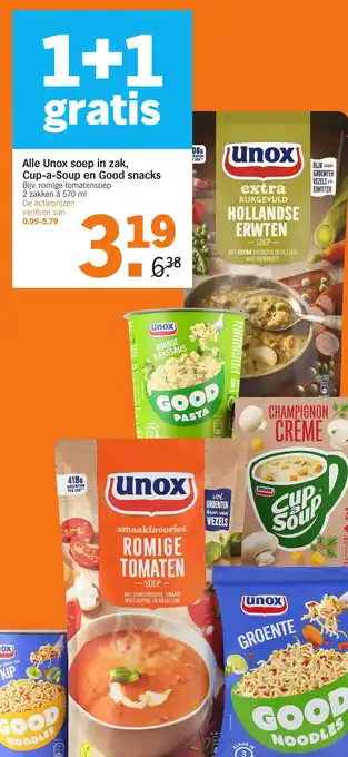 Albert Heijn Alle Unox soep in zak, Cup-a-Soup en Good snacks aanbieding