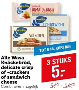 Coop Alle Wasa Knäckebröd, delicate crisp of crackers of sandwich cheese aanbieding