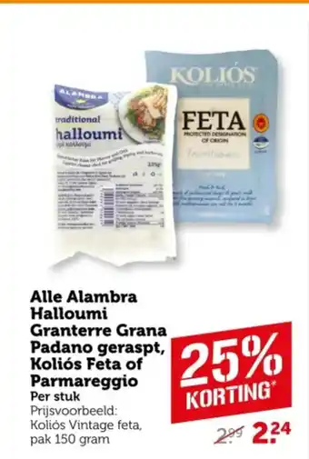 Coop Alle Alambra Halloumi Granterre Grana Padano geraspt, Koliós Feta of Parmareggio aanbieding