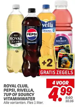 Dekamarkt Royal club, pepsi, rivella, 7up of sourcy vitaminwater aanbieding