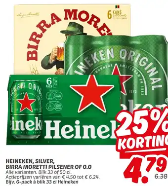 Dekamarkt Heineken, silver, birra moretti pilsener of 0.0 aanbieding