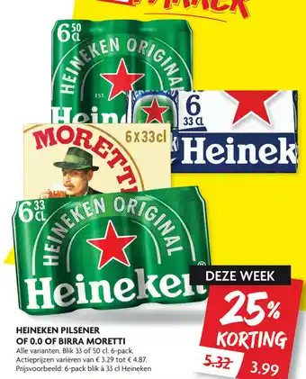 Dekamarkt Heineken pilsener of  0.0% of Birra Moretti 6*330/500ml aanbieding