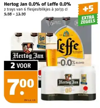 Poiesz Hertog Jan 0.0% of Leffe 0.0% 2 trays van 6 flesjes/blikjes à 30/33 cl 9.58-13.30 aanbieding