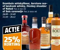 Poiesz Drambuie whiskylikeur, Aerstone sea of landcask whisky, Monkey shoulder of Naked of Bols corenwijn aanbieding